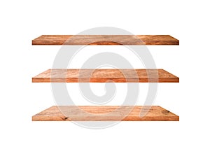 Beautiful brown wood shelves isolated on white background with copy space and clipping path for your product or design