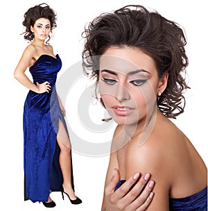 Beautiful brunet woman in blue evening dress