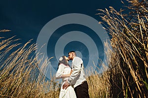 Beautiful brunette bride and elegant stylish groom with true happy feelings kissing in a sunny field, life concept