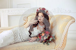 Beautiful brunette Bride wedding Portrait. Red lips makeup. Long