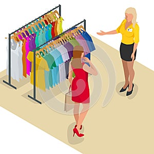 Beautiful brunette doing shopping in clothes store. Shopping time. Woman at the checkout makes shopping. Flat 3d