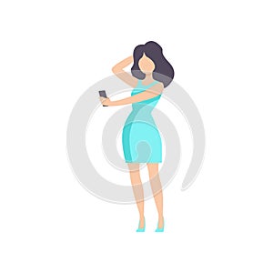 Beautiful brunette girl in blue dress with smartphone, young woman at party or nightclub vector Illustration on a white