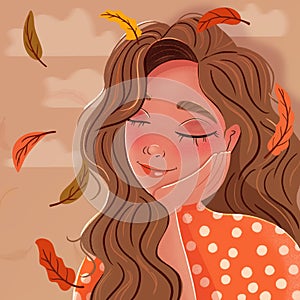 Beautiful brunette girl leaning on her hand with closed eyes, daydreaming, with autumn leaves falling and clouds.