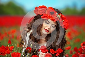 Beautiful brunette girl in red poppy flowers field nature background. Beauty outdoor portrait. Attractive young woman with red li