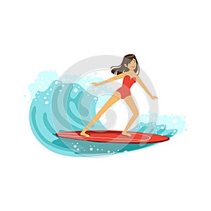 Beautiful brunette girl in red swimsuit surfing on the ocean wave, water extreme sport, summer vacation vector