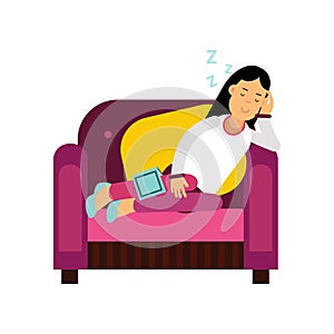 Beautiful brunette girl sleeping on armchair, relaxing person cartoon vector illustration