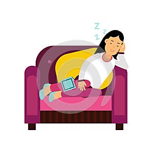 Beautiful brunette girl sleeping on armchair, relaxing person cartoon vector illustration photo