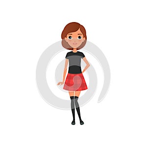 Beautiful brunette girl in stylish outfit black t-shirt, knee socks and red plaid mini skirt. Cartoon teenager character