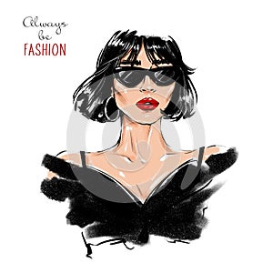 Beautiful brunette hair woman with red lips. Fashion sketch. Pretty girl in sunglasses.