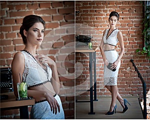 Beautiful brunette lady in elegant white two pieces outfit posing in a vintage scene.