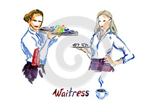 Beautiful brunette waitress holding tray with plates and blonde with coffee, watercolor abstract splash collection, hand painted