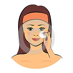 Beautiful brunette woman cartoon character  removing makeup from her face using a cotton disc