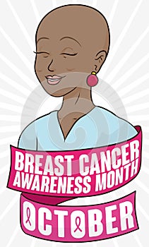 Beautiful Brunette Woman Celebrating Breast Cancer Awareness Month in October, Vector Illustration