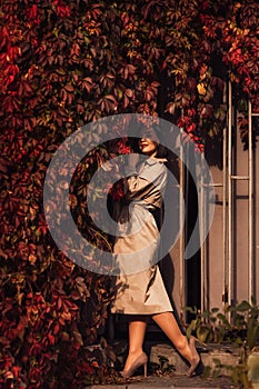 a beautiful brunette woman in a coat by the hedge braided with autumn vines.