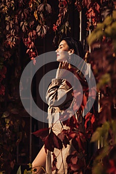 a beautiful brunette woman in a coat by the hedge braided with autumn vines.