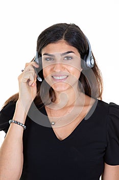 beautiful brunette woman customer support operator call center on white background