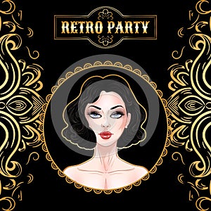 Beautiful brunette woman, flapper girl, retro party card, twenties style, 1920s art deco ornament pattern, vector illustration
