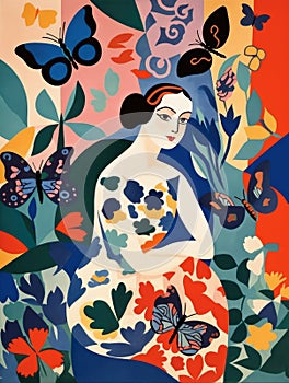 Beautiful brunette woman among flowers plants and butterflies is a metaphor of love created with Generative AI