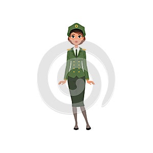 Beautiful brunette woman in formal military uniform: green jacket, skirt and peaked cap. Officer of armed forces. Flat