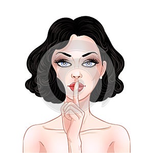 Beautiful brunette woman isolated on white holding a finger to her mouth, secret, whisper, psst, vector illustration photo