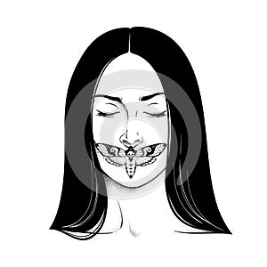 Beautiful brunette woman portrait with closed eyes an moth on hes lips line art and dot work print or tattoo design vector