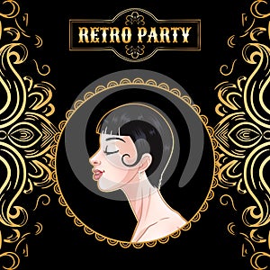 Beautiful brunette woman profile, flapper girl, retro party card, twenties style, 1920s art deco ornament pattern, vector