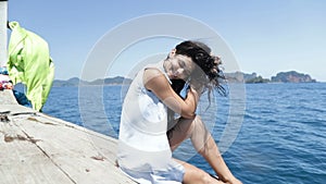 Beautiful Brunette Woman Sitting On Thailand Boat Nose Happy Smiling, Young Girl Laughing Holding Hand