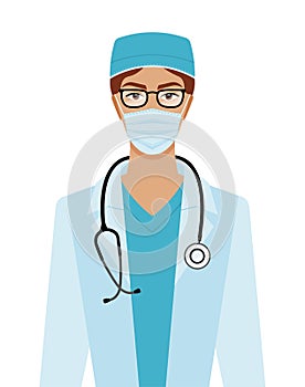 Beautiful brunette young female doctor with phonendoscope. Half body portrait vector illustration