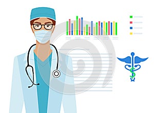 Beautiful brunette young female doctor with phonendoscope. Medical research statistics poster