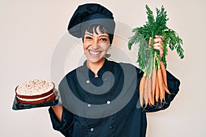 Beautiful brunettte woman chef cooking carrot cake smiling with a happy and cool smile on face