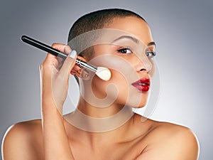 Beautiful, brush and portrait of woman with red lips in studio for lipstick and mascara routine. Cosmetics, makeup and