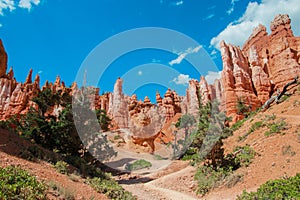 Beautiful Bryce Canyon National Park in Utah, USA. Orange rocks, blue sky. Giant natural amphitheaters and hoodoos formations.