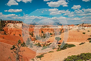 Beautiful Bryce Canyon National Park in Utah, USA. Orange rocks, blue sky. Giant natural amphitheaters and hoodoos formations.