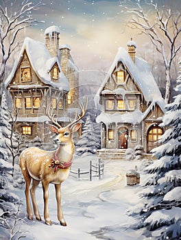 Beautiful buck in Christmas setting watercolor painting.