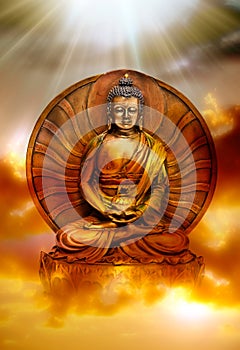 Beautiful Buddha with mystic sky and divine rays of light