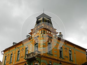 Beautiful building with amazing architecture on rainy day.