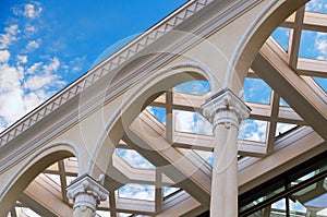 Beautiful building with columns - volutes are combined with acanthus leaves of Corinthian order photo