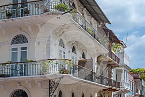 Beautiful building facades in the historic old town, Casco Viejo, Panama City