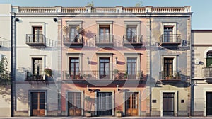 a beautiful building harmoniously blending Italian, Spanish, and British styles for the facade, seamlessly integrating photo