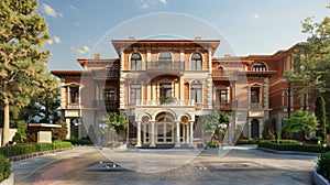 a beautiful building harmoniously blending Italian, Spanish, and British styles for the facade, seamlessly integrating photo