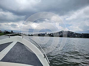 Beautiful building view from boat at lake