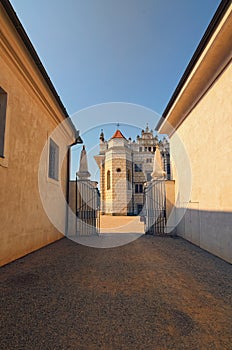 Beautiful buildings in Litomysl Castle shot with perspective. It is one of the largest Renaissance castles in the Czech Republic.