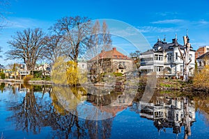 Beautiful buildings stretched alongside Svartan river in Orebro, Sweden