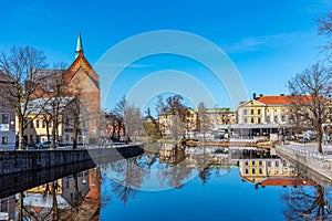 Beautiful buildings stretched alongside Svartan river in Orebro, Sweden