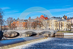 Beautiful buildings stretched alongside Svartan river in Orebro, Sweden