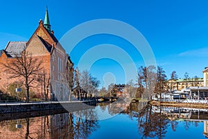 Beautiful buildings stretched alongside Svartan river in Orebro, Sweden