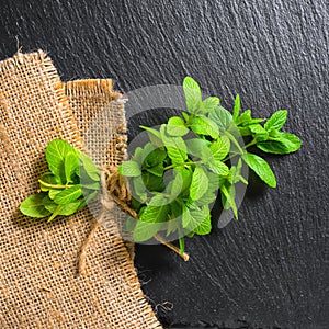 Beautiful bunch fresh green lemon mint tied twine on slate and b