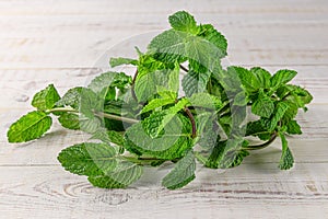 Beautiful bunch of fresh green mint on a white wooden background with natural shadow