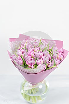 Beautiful bunch of lilac peony tulips in the package foamiran . Present for a girl. Valentine`s day or mother`s day