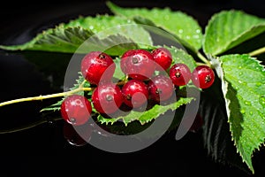 Beautiful bunch of ripe red currants with leaves on a black background. Harvest of ripe summer berries. Closeup